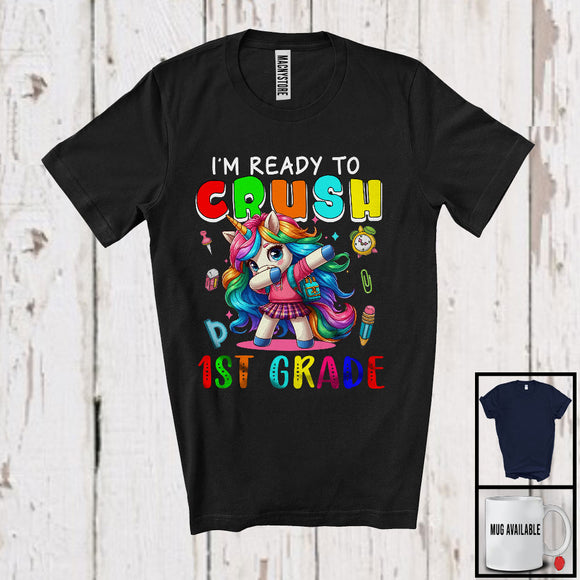 MacnyStore - I'm Ready To Crush 1st Grade, Colorful First Day Of School Dabbing Unicorn, Students Group T-Shirt