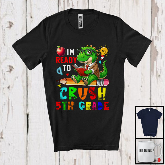 MacnyStore - I'm Ready To Crush 5th Grade, Lovely First Day Of School T-Rex Reading Books, Dinosaur T-Shirt