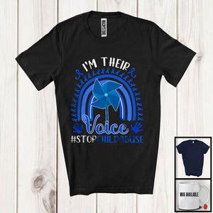 MacnyStore - I'm Their Voice, Lovely Child Abuse Prevention Awareness Pinwheel, Blue Ribbon Rainbow T-Shirt
