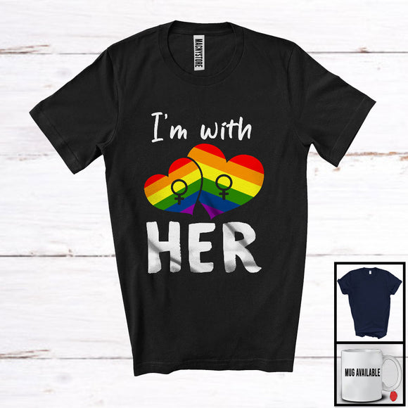 MacnyStore - I'm With Her, Adorable LGBTQ Pride Gay Lesbian Rainbow Hearts, Matching Couple LGBT Pride T-Shirt