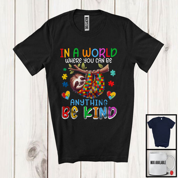 MacnyStore - In A World Where You Can Be Anything Be Kind, Lovely Autism Awareness Sloth, Puzzle Pieces T-Shirt