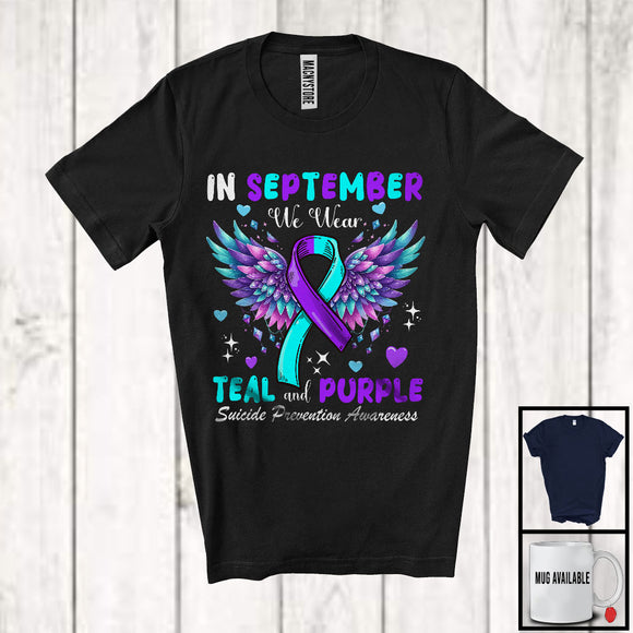 MacnyStore - In September We Wear Teal And Purple; Lovely Suicide Prevention Awareness Ribbon Wing; Family T-Shirt