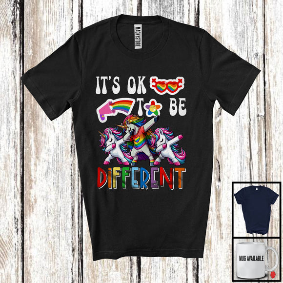 MacnyStore - It's Ok To Be Different, Cheerful LGBTQ Pride Dabbing Unicorn, LGBT Flag Gay Lesbian Group T-Shirt