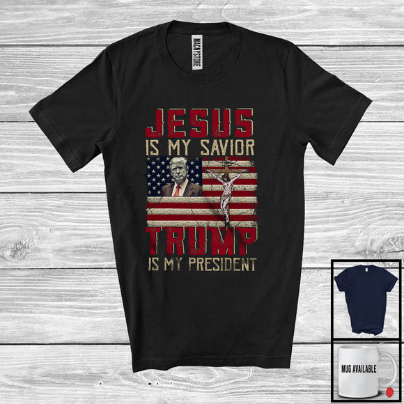 MacnyStore - Jesus Is My Savior Trump Is My President; Humorous Election Vintage USA Flag; Patriotic T-Shirt