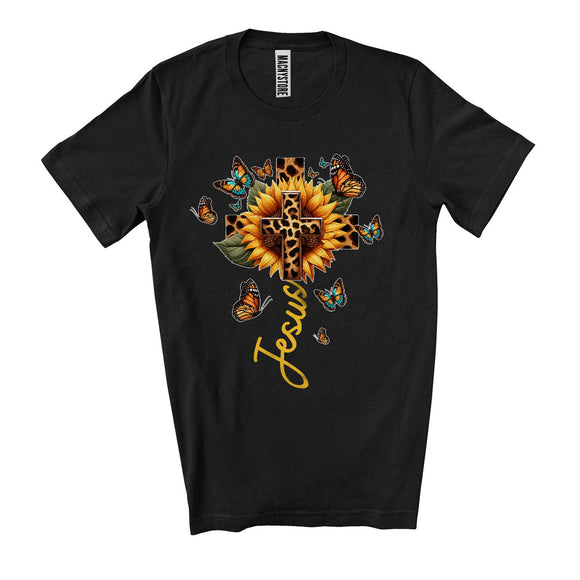 MacnyStore - Jesus, Adorable Sunflower Butterfly Lover Leopard Cross, Matching Family Group T-Shirt