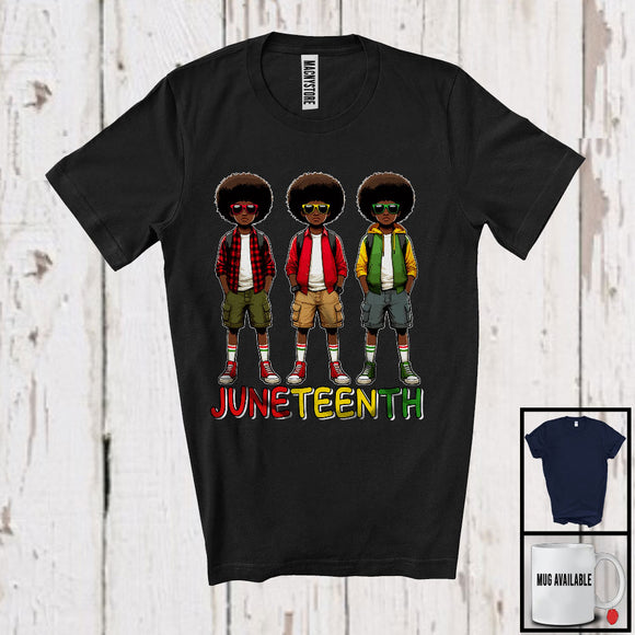 MacnyStore - Juneteenth, Proud Black History Month Three African American Boys, Afro Melanin Group T-Shirt