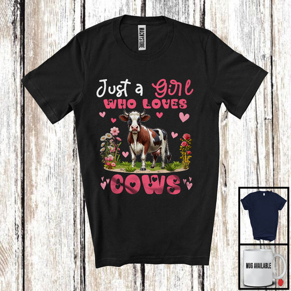 MacnyStore - Just A Girl Who Loves Cows, Floral Farm Animals Farmer, Matching Women Flowers Family Group T-Shirt