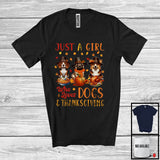MacnyStore - Just A Girl Who Loves Dogs And Thanksgiving, Lovely Three Pilgrim Dogs Animal Lover, Fall Leaves T-Shirt