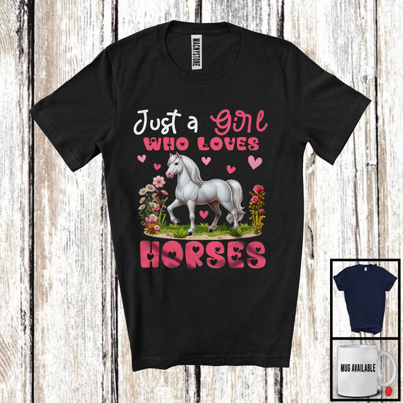 MacnyStore - Just A Girl Who Loves Horses, Floral Farm Animals Farmer, Women Flowers Family Group T-Shirt