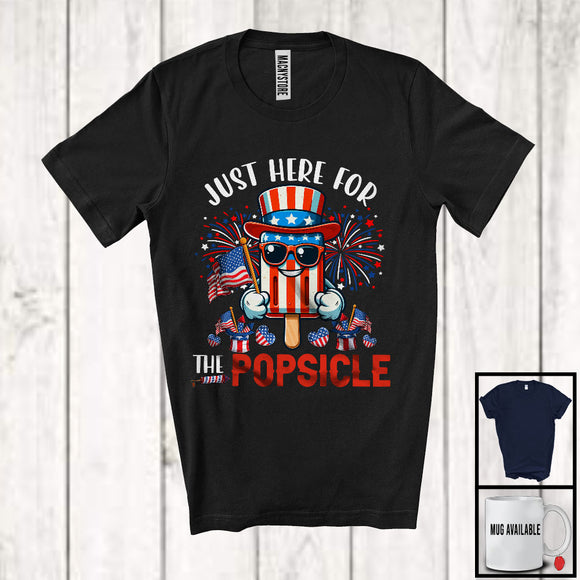 MacnyStore - Just Here For The Popsicle, Awesome 4th Of July American Flag Fireworks, Patriotic Food Lover T-Shirt