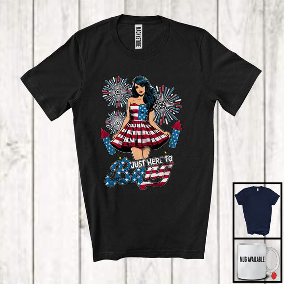 MacnyStore - Just Here to Bang, Lovely 4th Of July Firework Girl, Firecracker American Flag Patriotic T-Shirt
