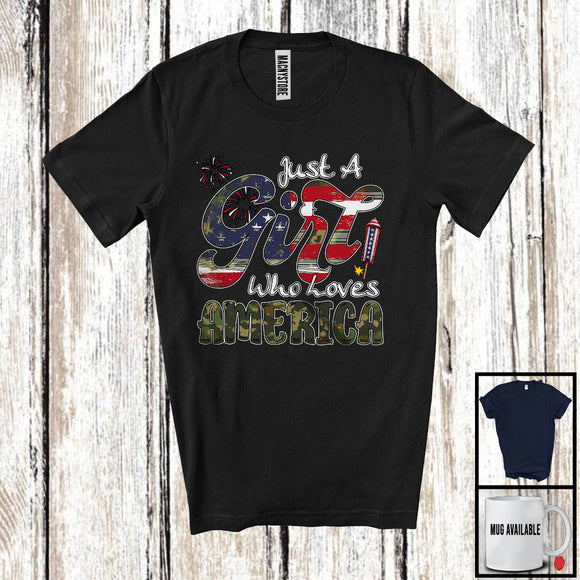 MacnyStore - Just a Girl Who Loves America, Proud 4th Of July American Flag Veteran Soldiers, Patriotic T-Shirt