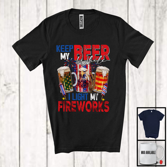 MacnyStore - Keep My Beer While I Light My Fireworks, Humorous 4th Of July Eagle Drinking, Patriotic Drunker T-Shirt