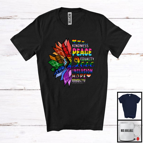 MacnyStore - Kindness Peace Equality Love, Colorful Plaid LGBTQ Pride Sunflowers, Gay Flag Rainbow T-Shirt