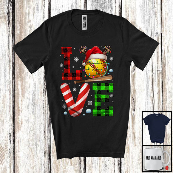 MacnyStore - LOVE Softball; Cheerful Christmas Lights Plaid Softball; Matching X-mas Sport Player Team T-Shirt