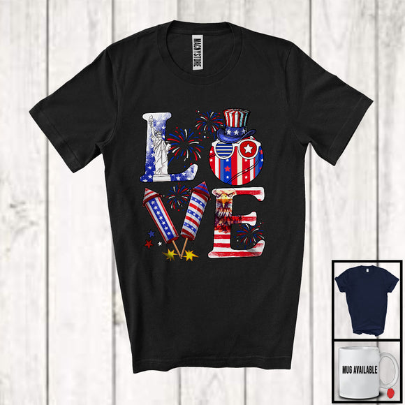 MacnyStore - LOVE, 4th Of July American Flag Tennis Firecracker, Patriotic Sport Player Playing Team T-Shirt