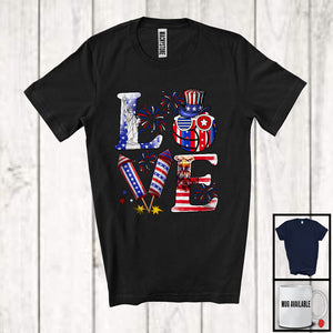 MacnyStore - LOVE, 4th Of July American Flag Volleyball Firecracker, Patriotic Sport Player Playing Team T-Shirt