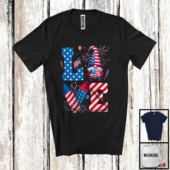 MacnyStore - LOVE, Adorable 4th Of July American Flag Gnome Gnomies, USA Fireworks Patriotic Group T-Shirt