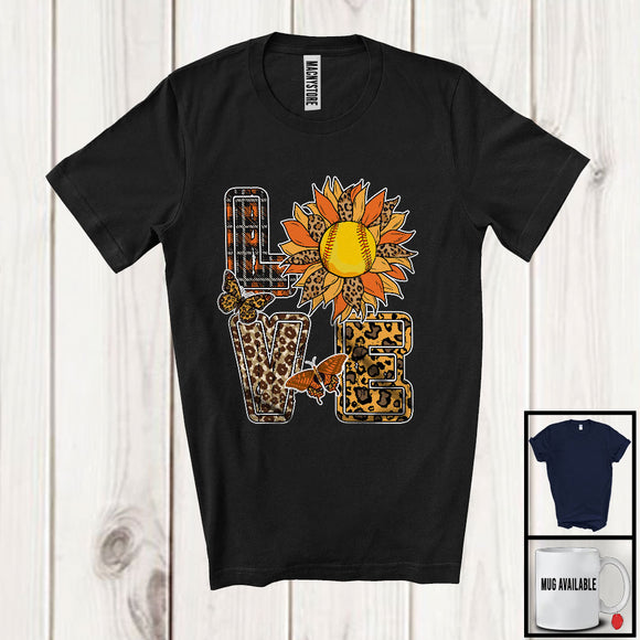 MacnyStore - LOVE, Adorable Leopard Plaid Sunflower Softball Player Team, Sports Playing Lover T-Shirt