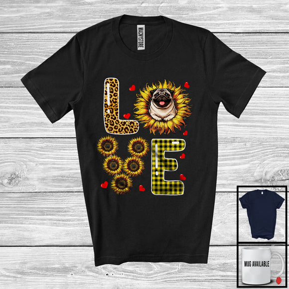 MacnyStore - LOVE, Adorable Plaid Leopard Sunflower Flowers Pug Lover, Matching Family Group T-Shirt
