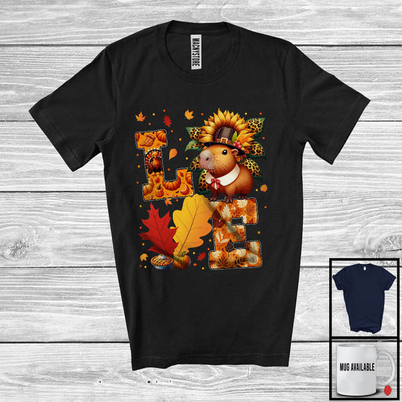 MacnyStore - LOVE; Adorable Thanksgiving Pilgrim Capybara With Leopard Sunflowers; Fall Leaf Family Group T-Shirt