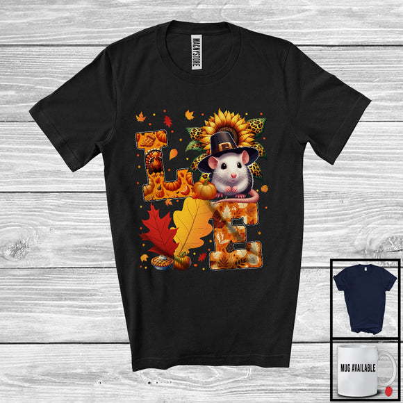 MacnyStore - LOVE; Adorable Thanksgiving Pilgrim Rat With Leopard Sunflowers; Fall Leaf Family Group T-Shirt