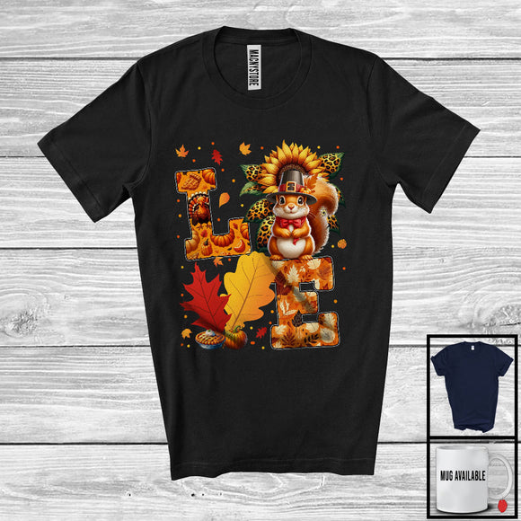 MacnyStore - LOVE; Adorable Thanksgiving Pilgrim Squirrel With Leopard Sunflowers; Fall Leaf Family Group T-Shirt