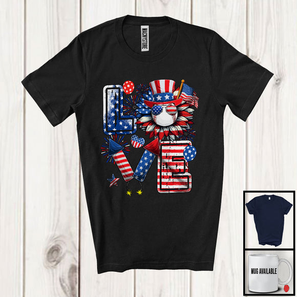 MacnyStore - LOVE, Amazing 4th Of July Baseball Sport Player Team, American Flag Sunflower Fireworks T-Shirt