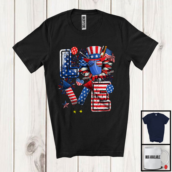 MacnyStore - LOVE, Amazing 4th Of July Ice Hockey Sport Player Team, American Flag Sunflower Fireworks T-Shirt