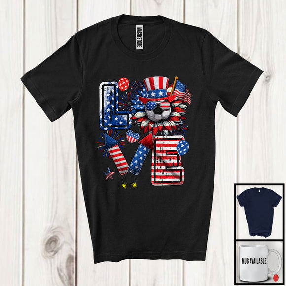MacnyStore - LOVE, Amazing 4th Of July Soccer Sport Player Team, American Flag Sunflower Fireworks T-Shirt