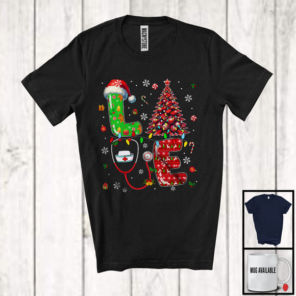 MacnyStore - LOVE; Amazing Christmas Plaid Tree Nurse Santa; X-mas Lights Nursing Lover Family Group T-Shirt