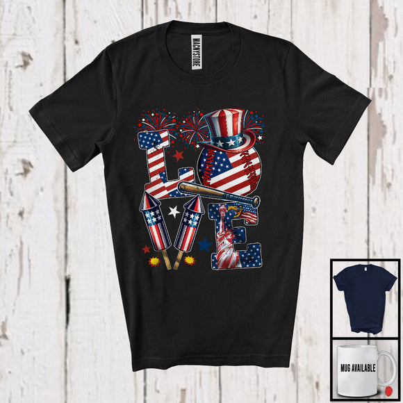 MacnyStore - LOVE, Awesome 4th Of July American Flag Baseball Softball Playing Player, Patriotic Sport Team T-Shirt