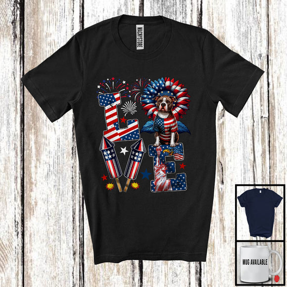 MacnyStore - LOVE, Happy 4th Of July Pit Bull Owner Lover, Sunflower American Flag Patriotic Group T-Shirt