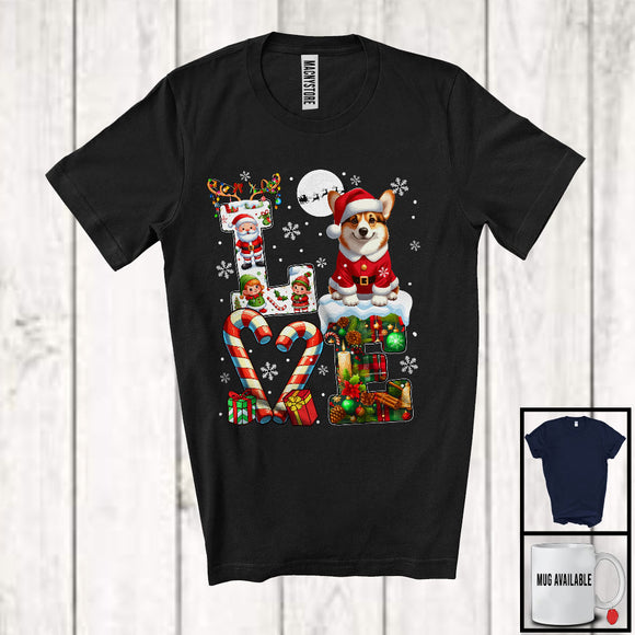 MacnyStore - LOVE, Joyful Christmas Reindeer Santa Corgi Candy Cane, Plaid Snowing Animal Lover T-Shirt