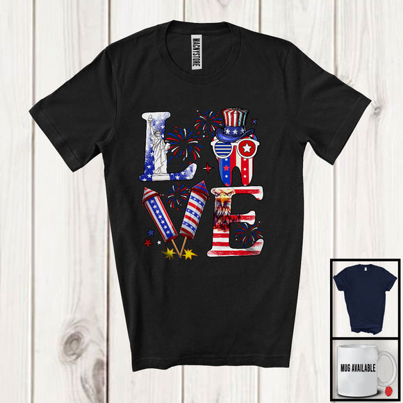 MacnyStore - LOVE, Proud 4th Of July Dentist Firecracker Fireworks, American Flag Patriotic Group T-Shirt