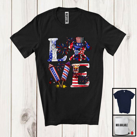 MacnyStore - LOVE, Proud 4th Of July Firefighter Firecracker Fireworks, American Flag Patriotic Group T-Shirt