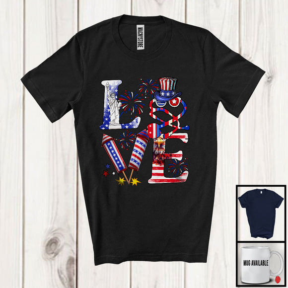 MacnyStore - LOVE, Proud 4th Of July Nurse Firecracker Fireworks, American Flag Patriotic Group T-Shirt