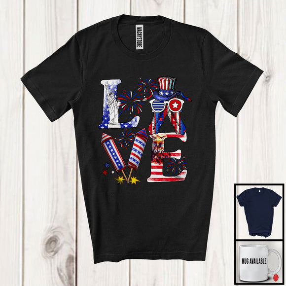 MacnyStore - LOVE, Proud 4th Of July Saxophone Firecracker, American Flag Musical Instruments Patriotic T-Shirt