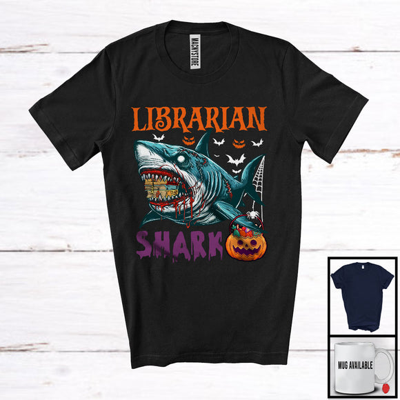MacnyStore - Librarian Shark, Scary Halloween Costume Pumpkin Zombie Shark, Proud Careers Group T-Shirt
