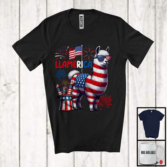 MacnyStore - Llamerica, Awesome 4th Of July American Flag Llama Sunglasses, Patriotic Firework Group T-Shirt