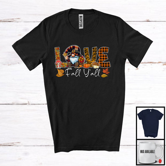 MacnyStore - Love Fall Y'all, Awesome Thanksgiving Fall Autumn Leaves Plaid Pumpkin Gnome, Family Group T-Shirt