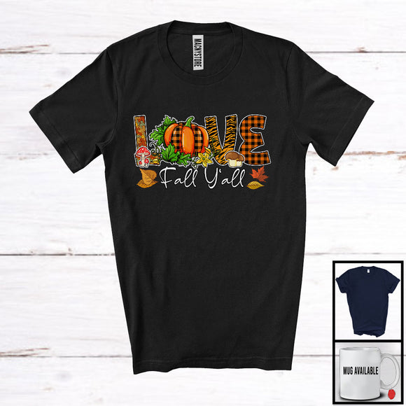 MacnyStore - Love Fall Y'all, Awesome Thanksgiving Fall Autumn Leaves Plaid Pumpkin, Family Group T-Shirt