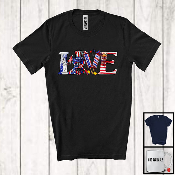 MacnyStore - Love, Amazing 4th Of July USA Flag Firefighter, Independence Day Firecrackers Proud Patriotic T-Shirt