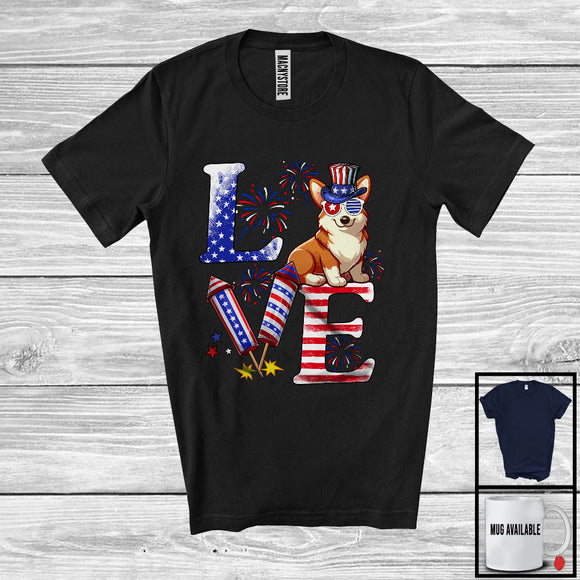 MacnyStore - Love, Proud 4th Of July Corgi American Flag Fireworks Firecrackers, Patriotic Group T-Shirt