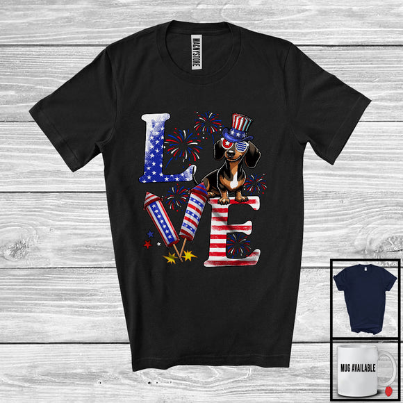 MacnyStore - Love, Proud 4th Of July Dachshund American Flag Fireworks Firecrackers, Patriotic Group T-Shirt