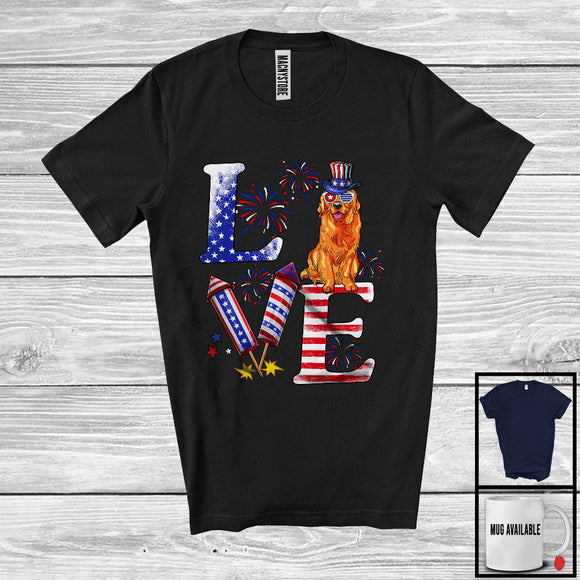 MacnyStore - Love, Proud 4th Of July Golden Retriever American Flag Fireworks Firecrackers, Patriotic Group T-Shirt