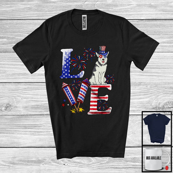 MacnyStore - Love, Proud 4th Of July Husky American Flag Fireworks Firecrackers, Patriotic Group T-Shirt