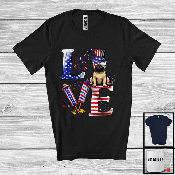 MacnyStore - Love, Proud 4th Of July Pug American Flag Fireworks Firecrackers, Patriotic Group T-Shirt