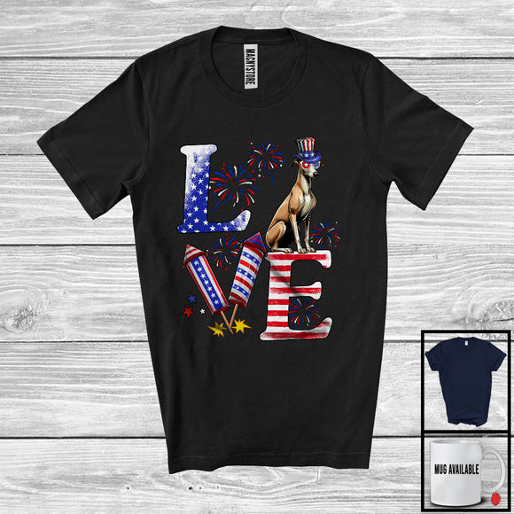 MacnyStore - Love, Proud 4th Of July Whippet American Flag Fireworks Firecrackers, Patriotic Group T-Shirt