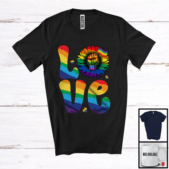 MacnyStore - Love, Proud LGBTQ Pride LGBT Rainbow Sunflower Strong Hand Gay Flag, Heart Gay Couple T-Shirt